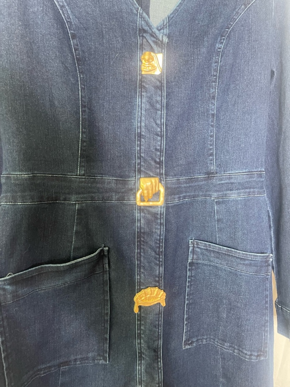 Indigo Denim Maxi Dress w/ Gold Buttons | Tailored Fit | Chic Luxe - Picture 8 of 16